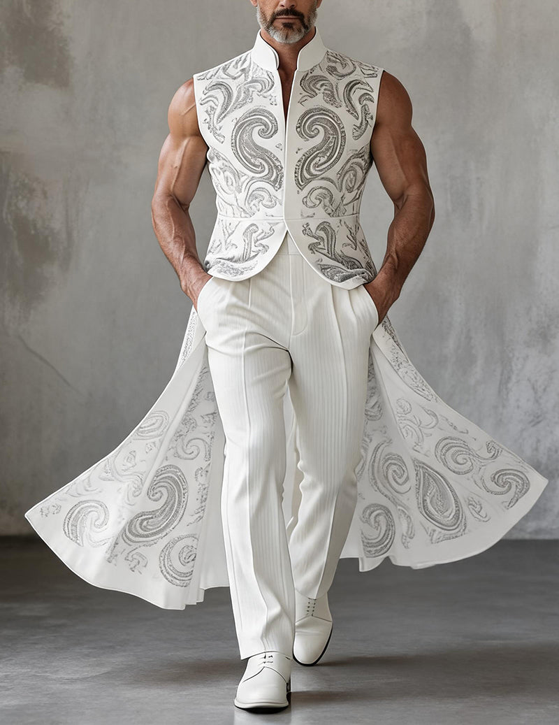 Men's Printed Mandarin Collar Sleeveless Tailcoat