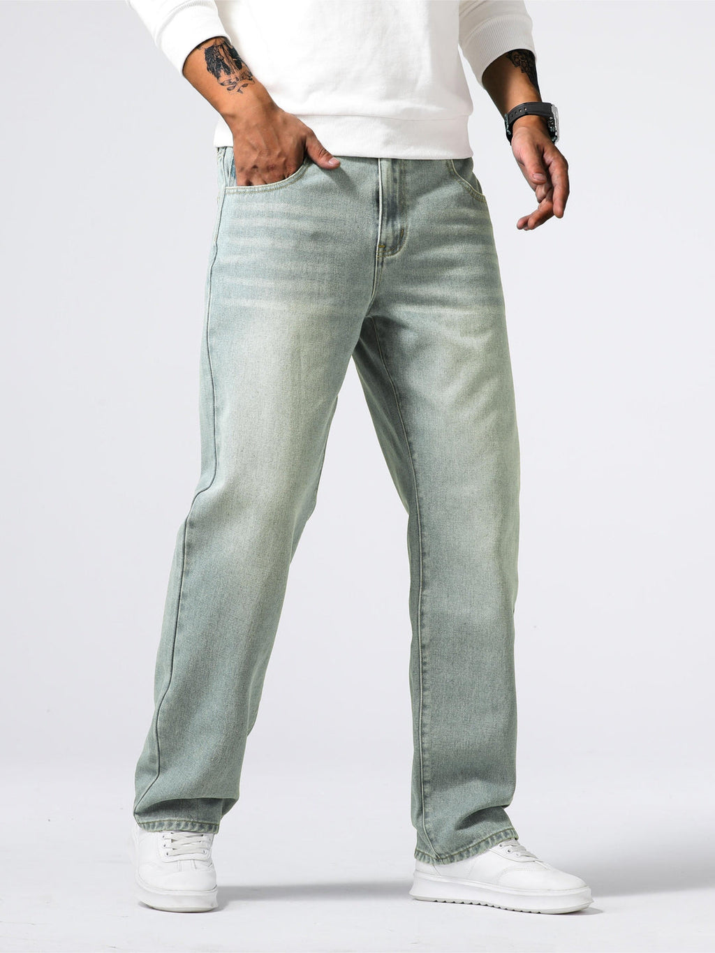 Men's Blue Washed Straight-Leg Denim Trousers