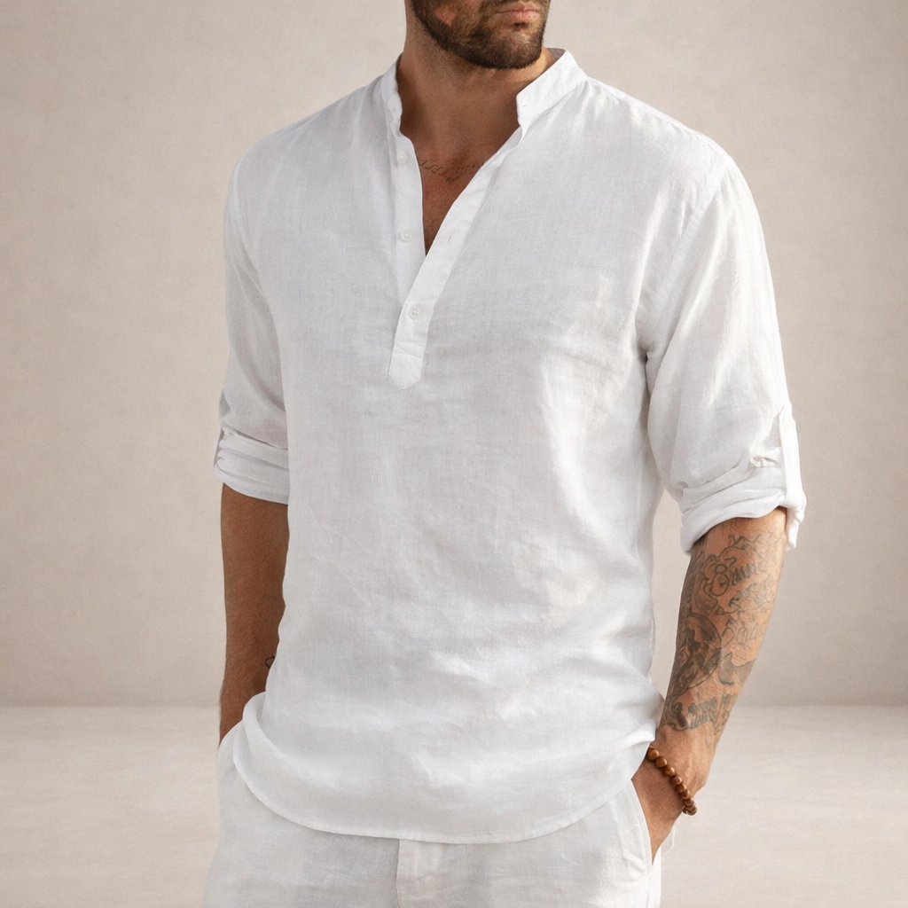 Men's Roll Sleeve Open Placket Linen Shirt