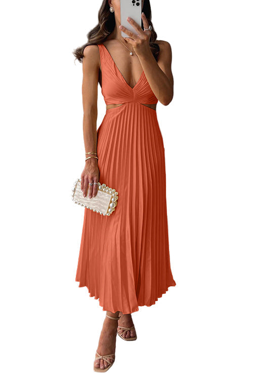 Women's Cut-Out V-Neck Pleated Evening Maxi Dress