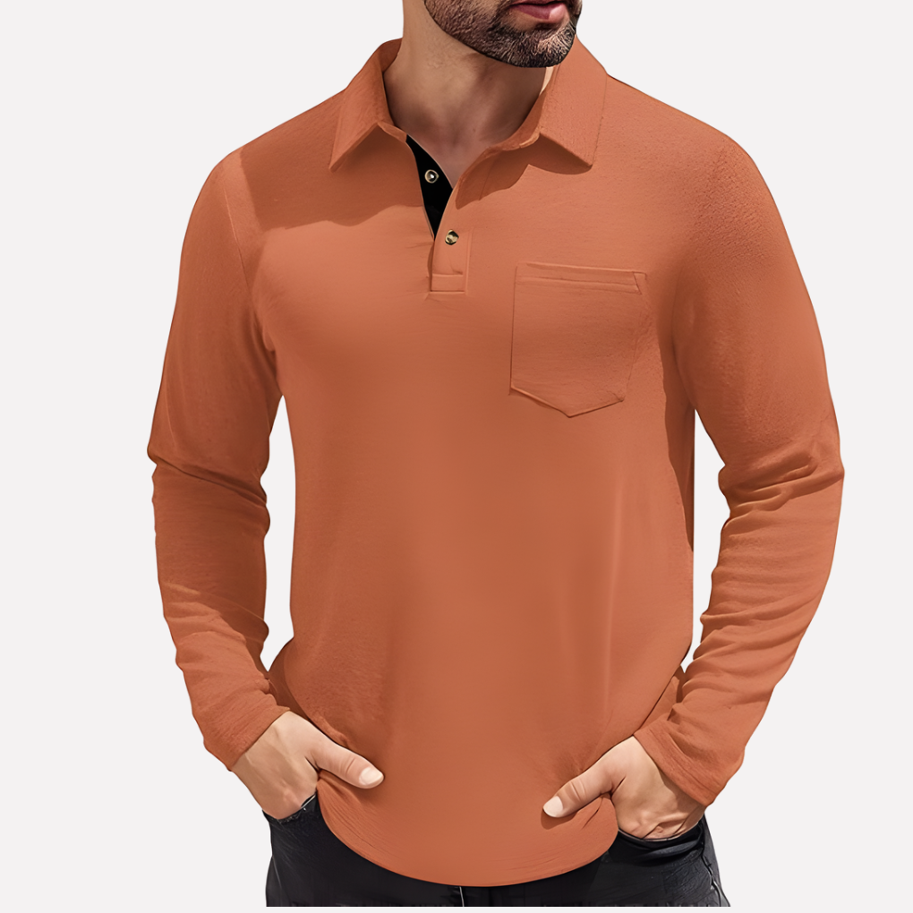 Men's Casual Fit Chest Pocket Long Sleeve Polo