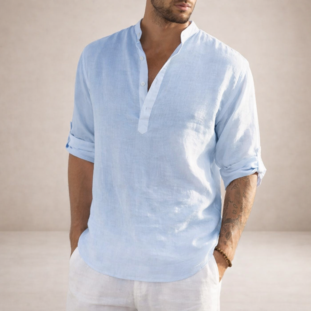 Men's Roll Sleeve Open Placket Linen Shirt