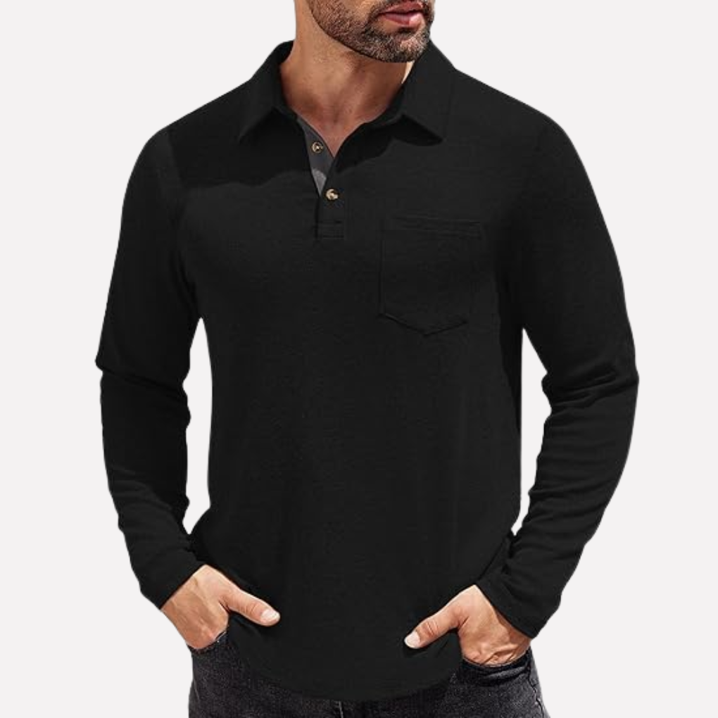 Men's Casual Fit Chest Pocket Long Sleeve Polo