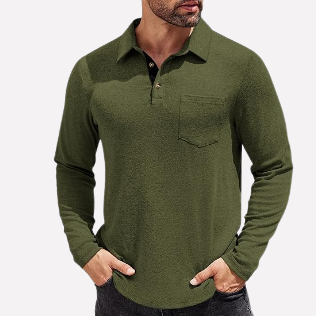 Men's Casual Fit Chest Pocket Long Sleeve Polo