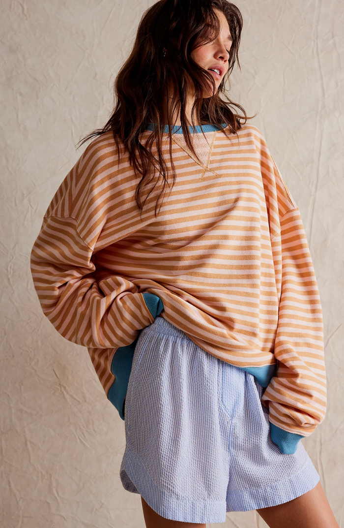 Women's Oversized Stripe Balloon-Sleeve Sweatshirt