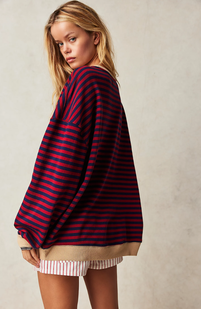 Women's Oversized Stripe Balloon-Sleeve Sweatshirt
