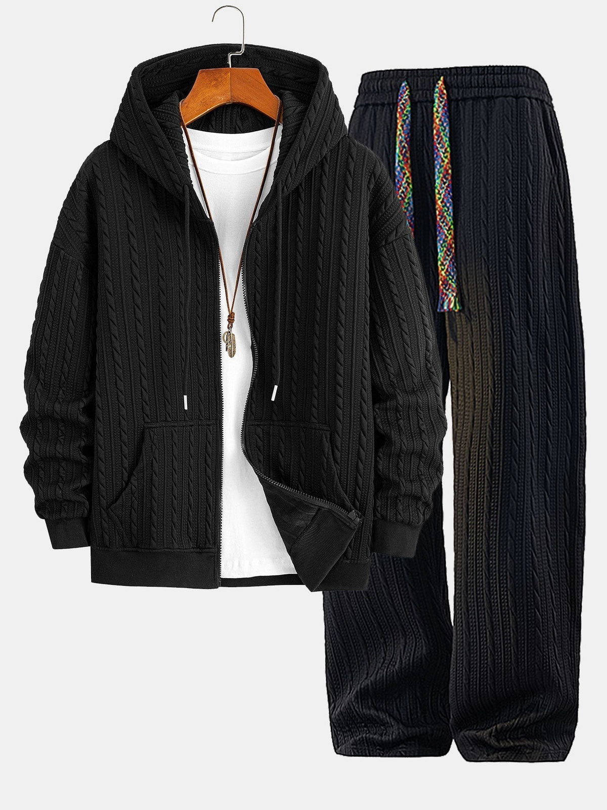 Men's Textured Jacquard Hooded Top Tracksuit Set