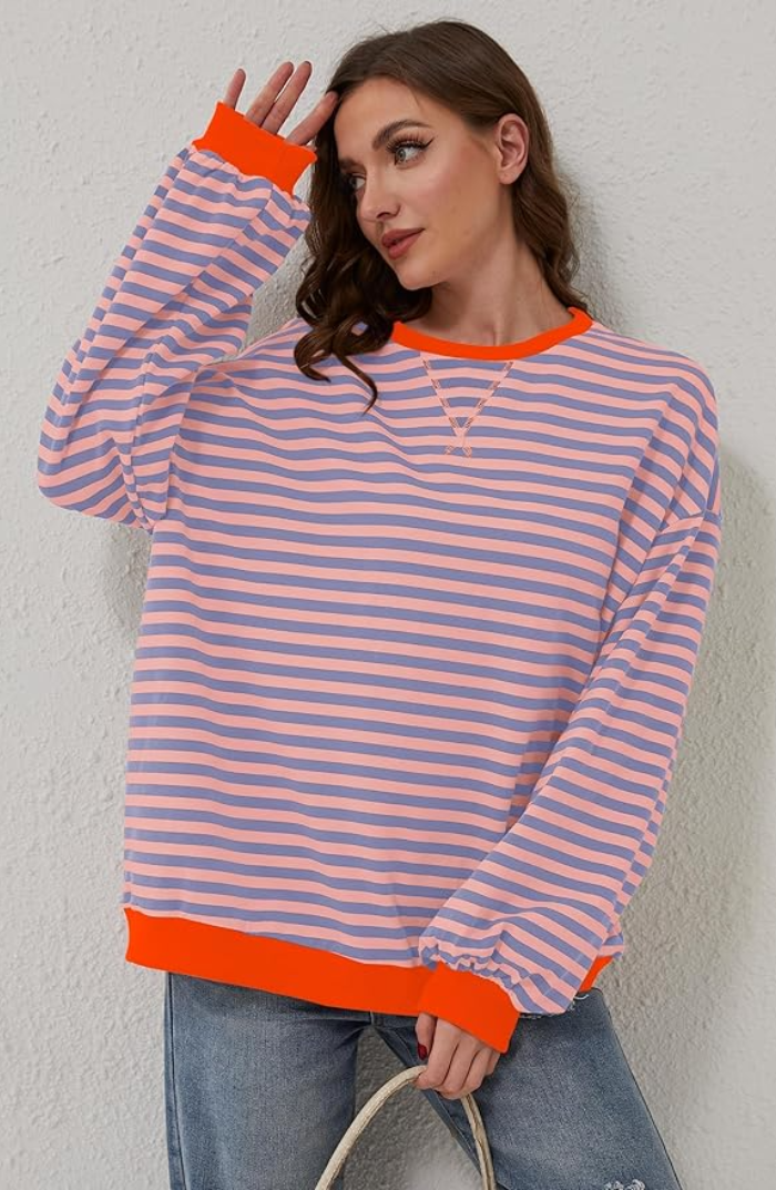 Women's Oversized Stripe Balloon-Sleeve Sweatshirt