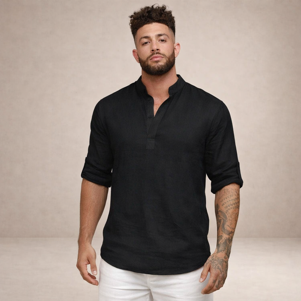 Men's Roll Sleeve Open Placket Linen Shirt