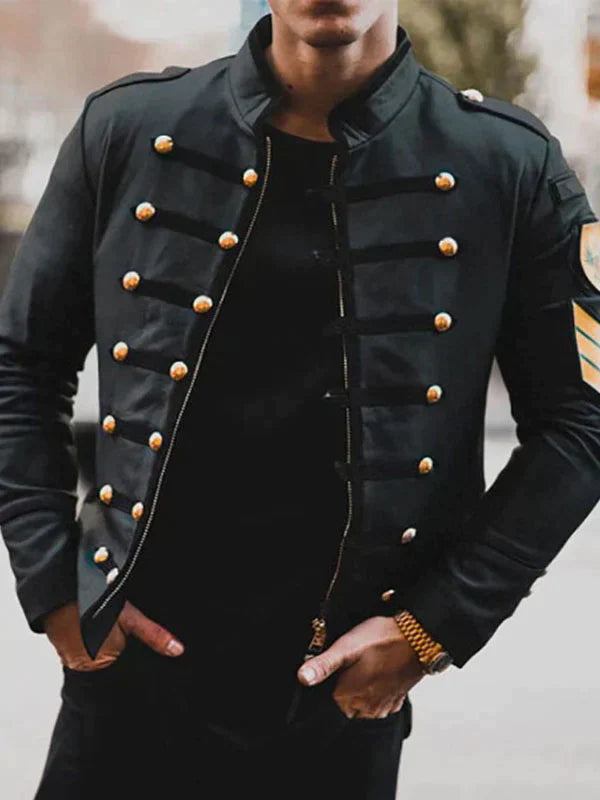 Men's Military Button Detail Stand Collar Jacket