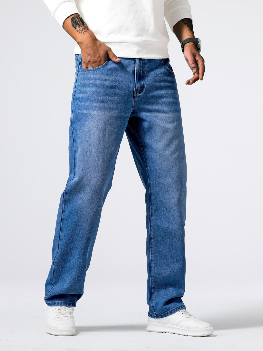 Men's Blue Washed Straight-Leg Denim Trousers