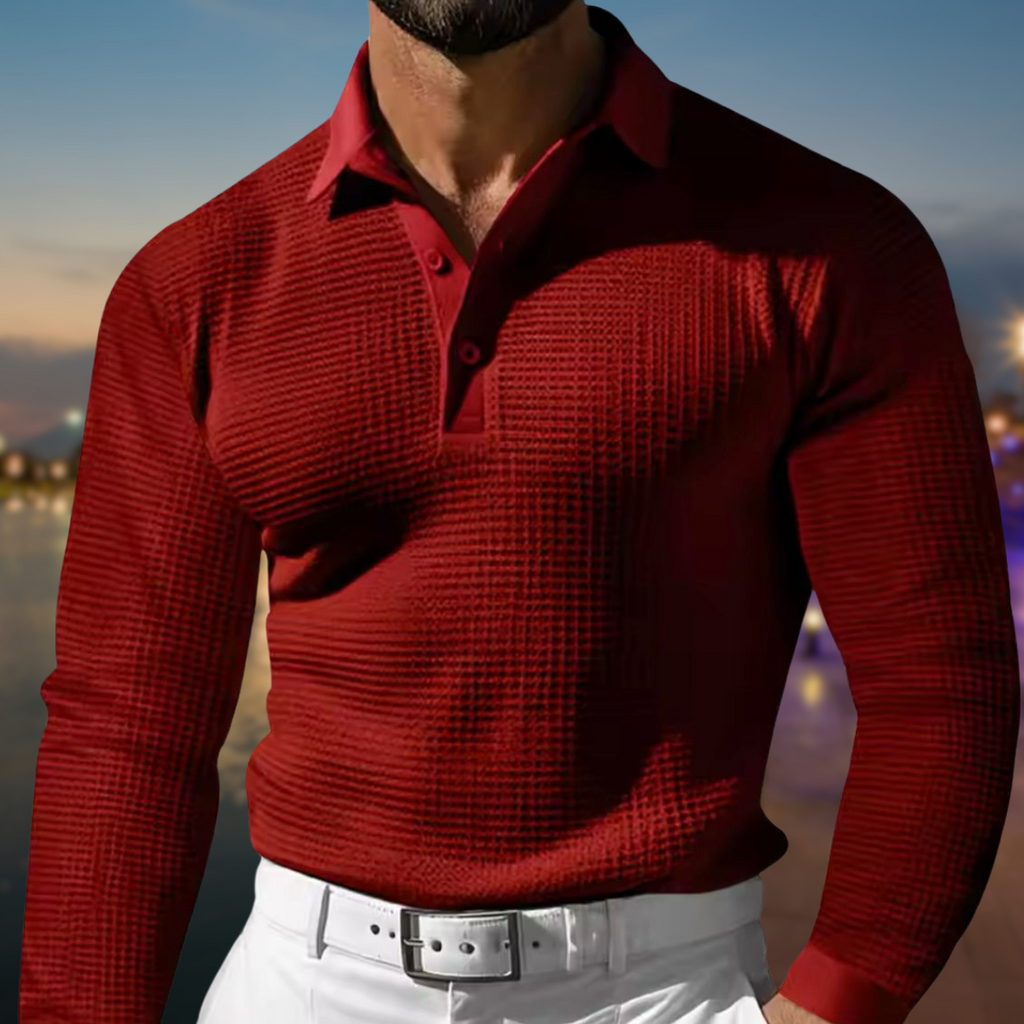 Men's Long Sleeve Textured Buttoned Polo