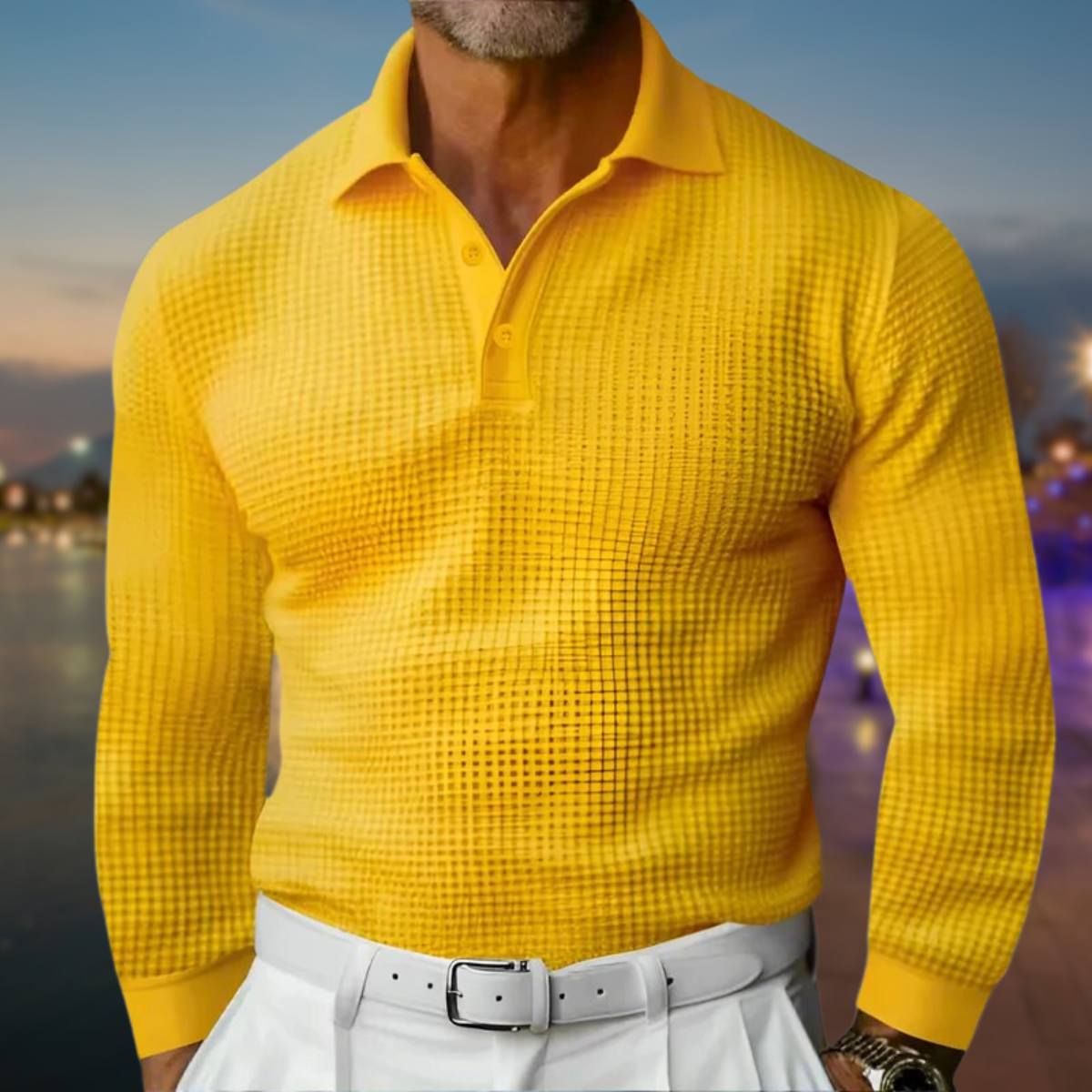 Men's Long Sleeve Textured Buttoned Polo