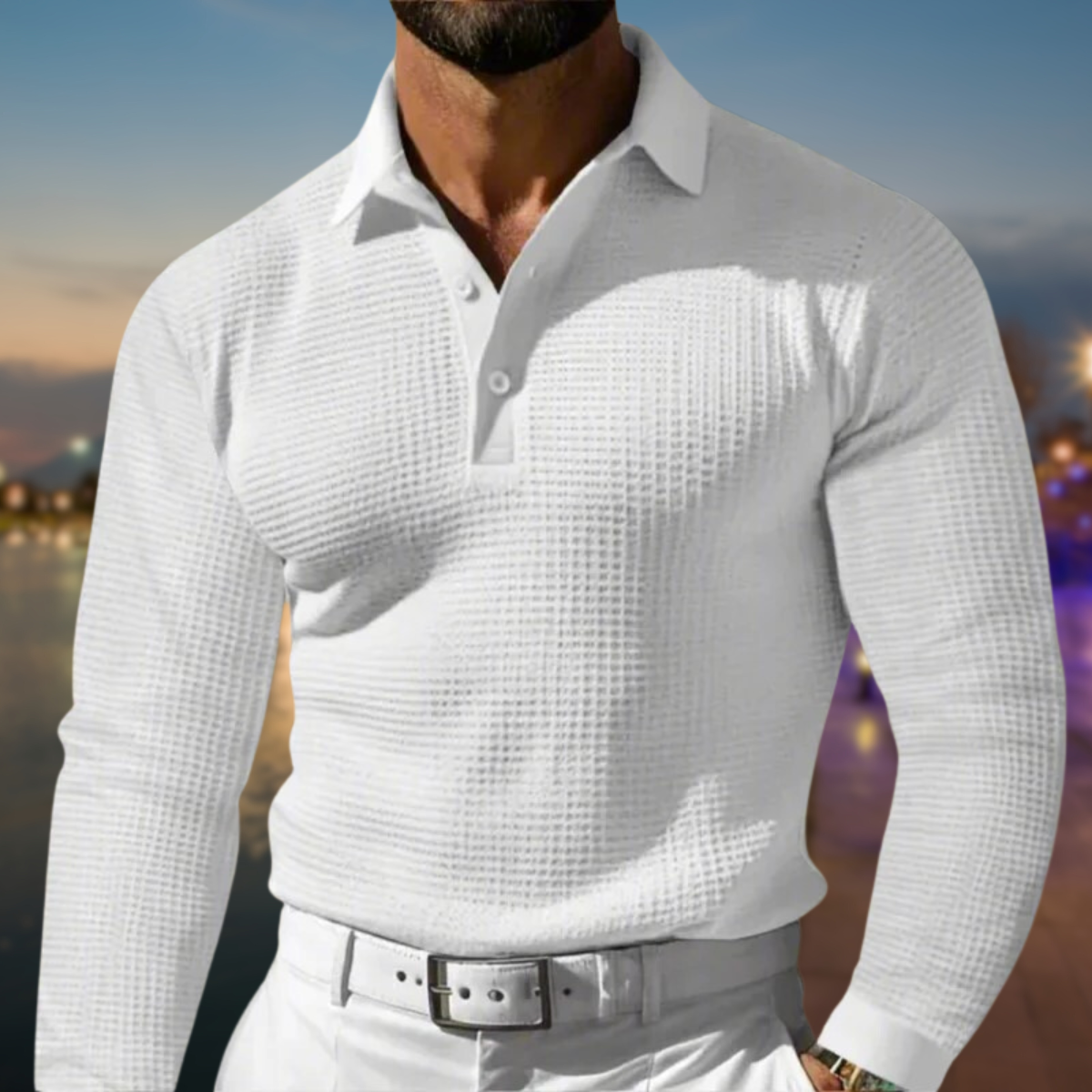 Men's Long Sleeve Textured Buttoned Polo