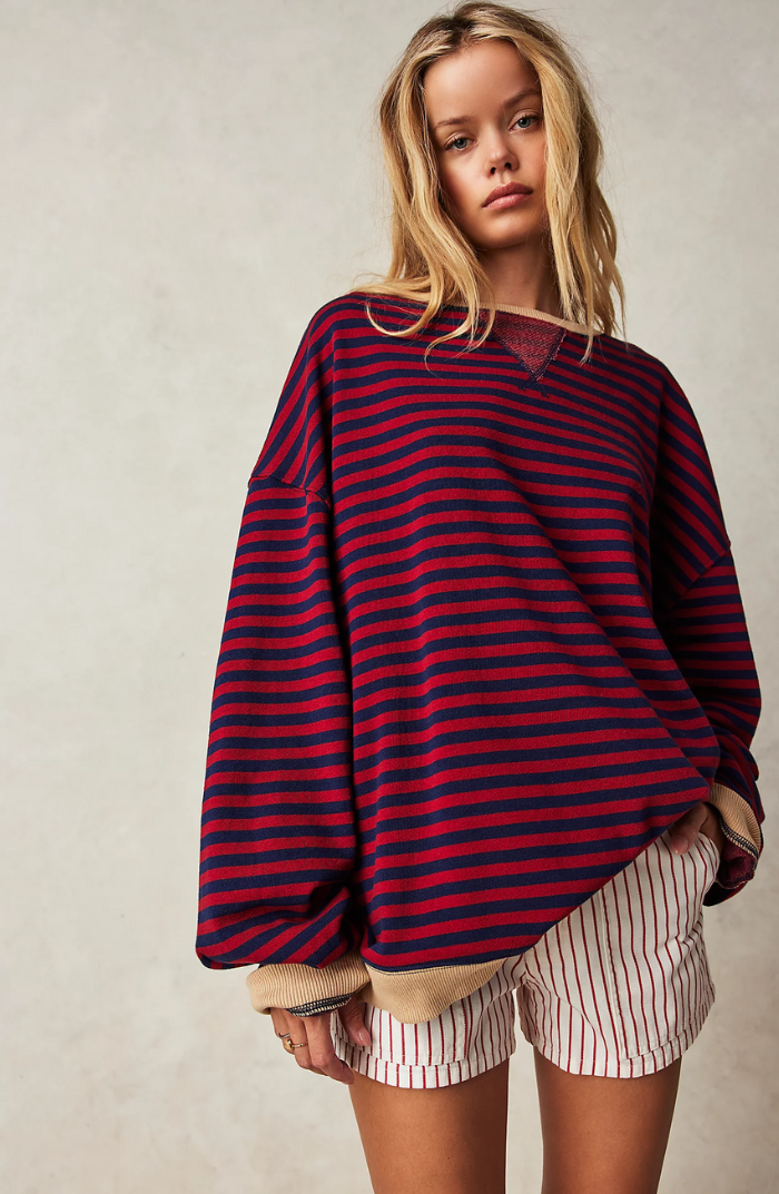 Women's Oversized Stripe Balloon-Sleeve Sweatshirt