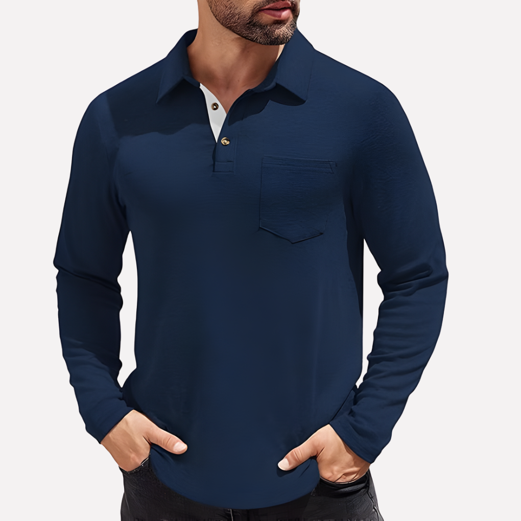 Men's Casual Fit Chest Pocket Long Sleeve Polo