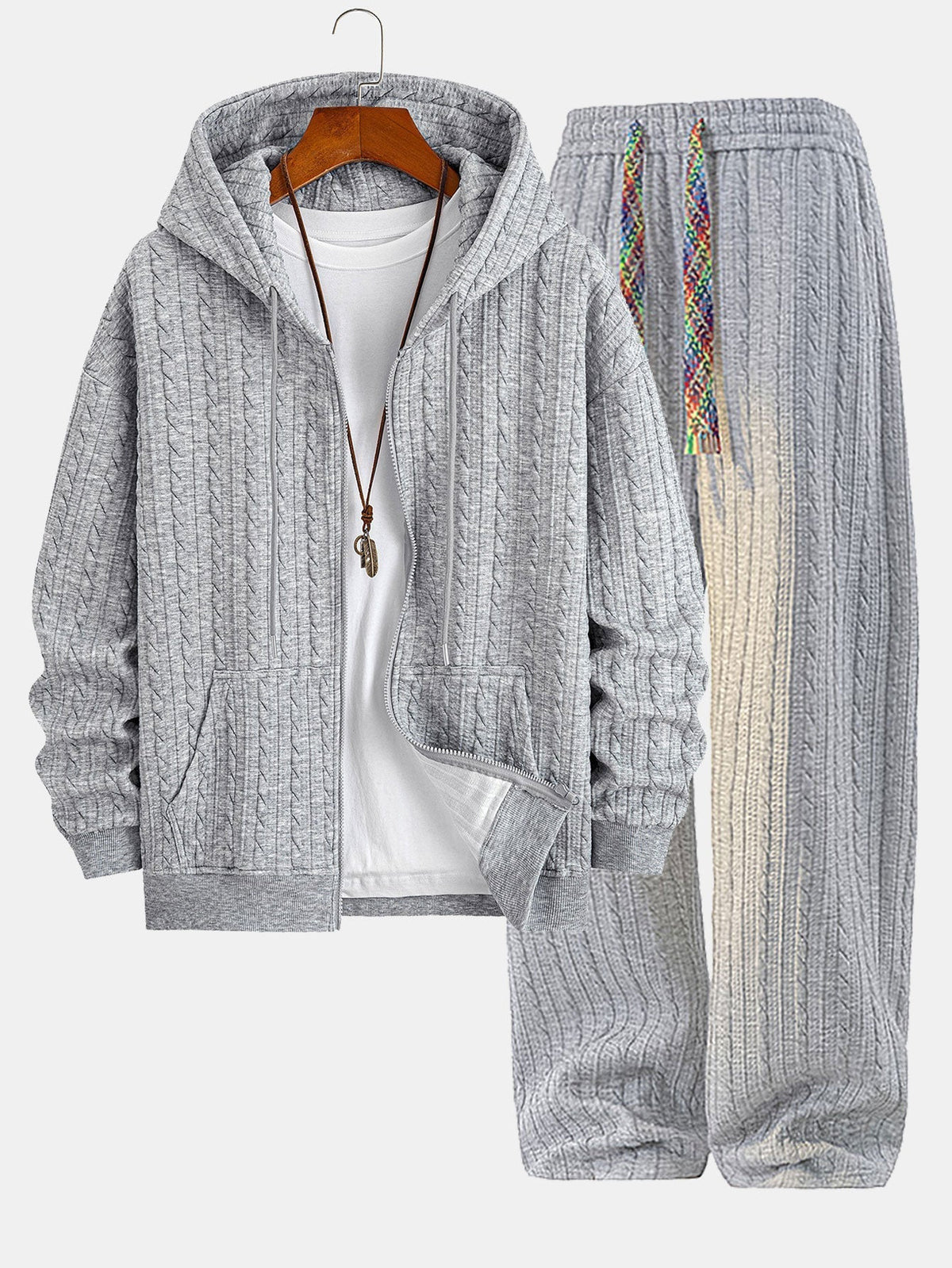 Men's Textured Jacquard Hooded Top Tracksuit Set