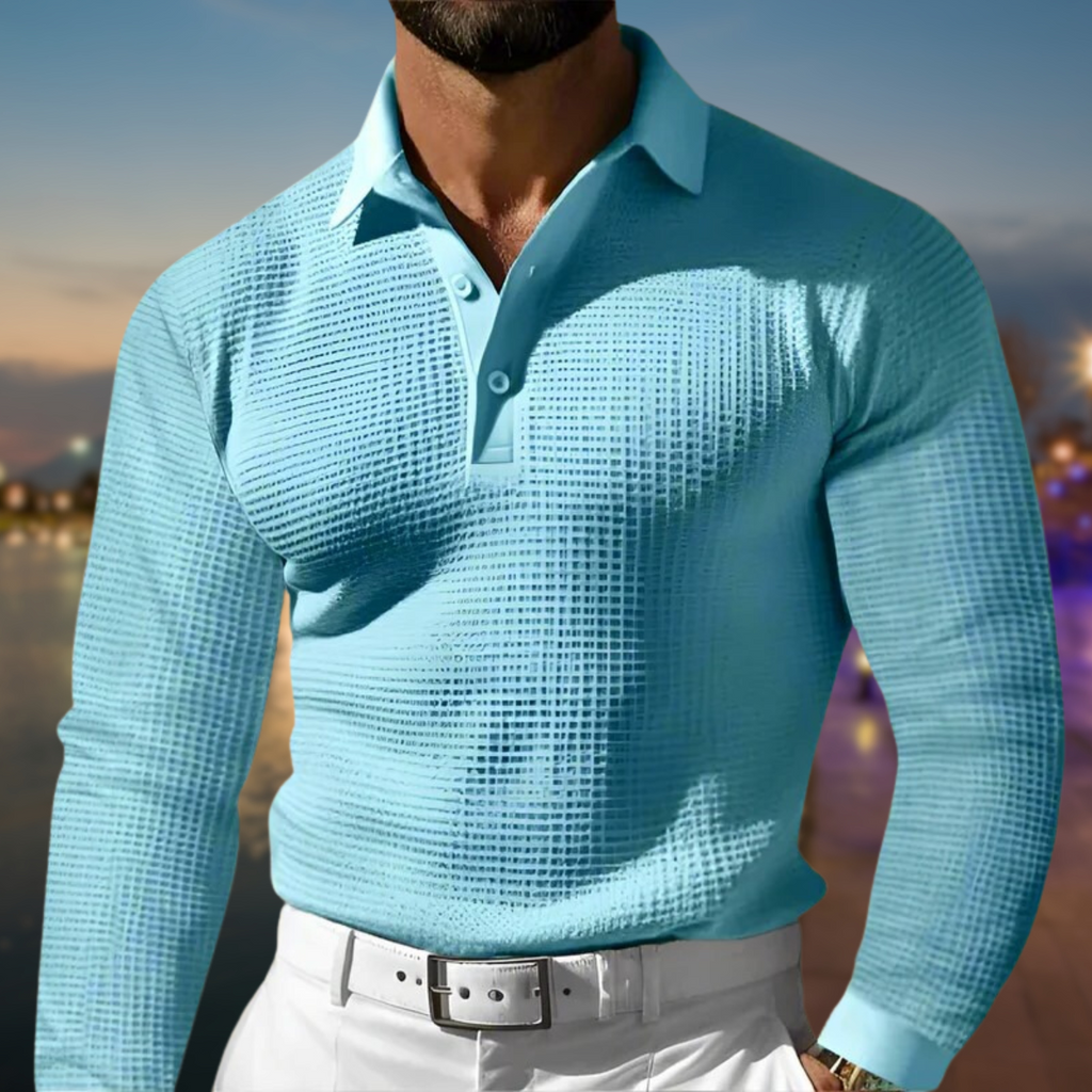 Men's Long Sleeve Textured Buttoned Polo