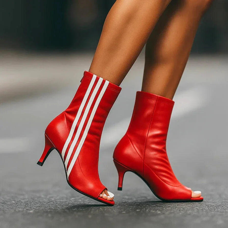 Women's Peep-Toe Striped Mid-Heel Ankle Boots