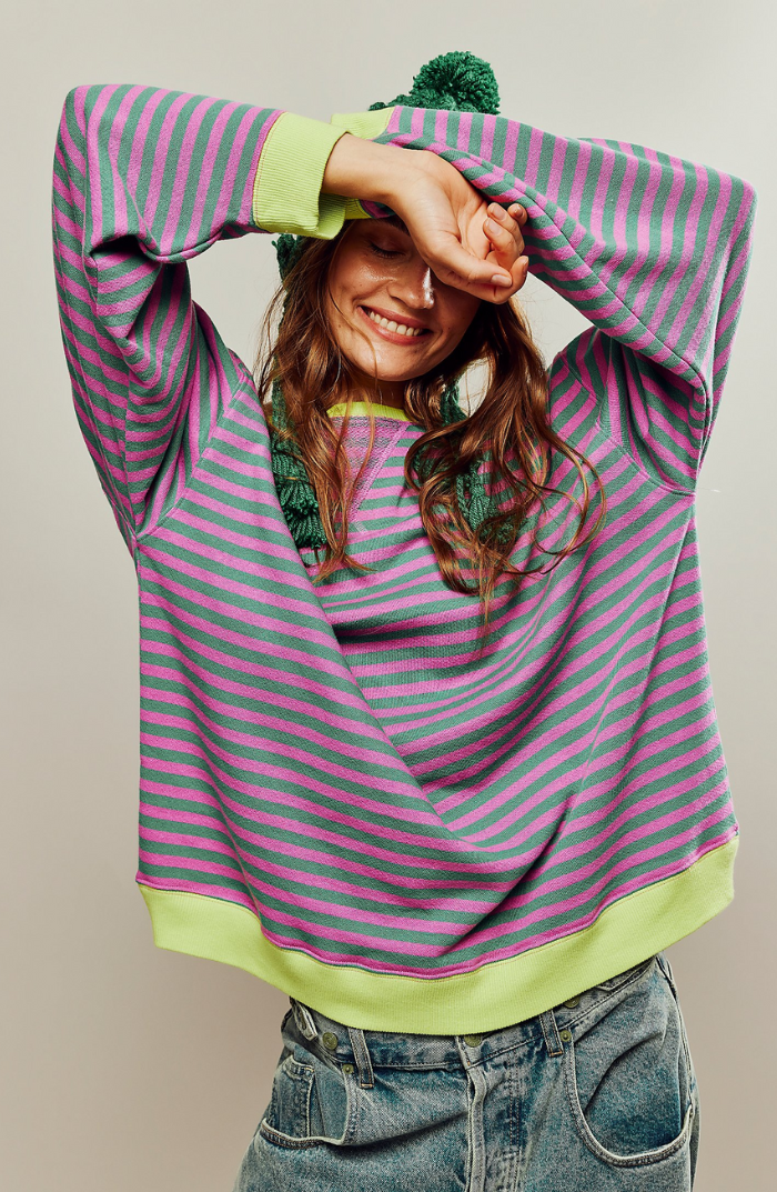 Women's Oversized Stripe Balloon-Sleeve Sweatshirt