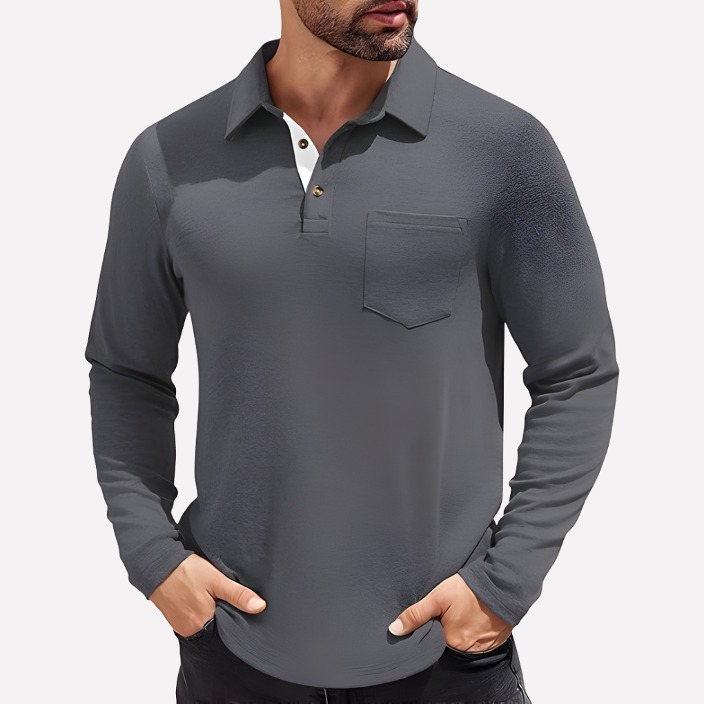 Men's Casual Fit Chest Pocket Long Sleeve Polo