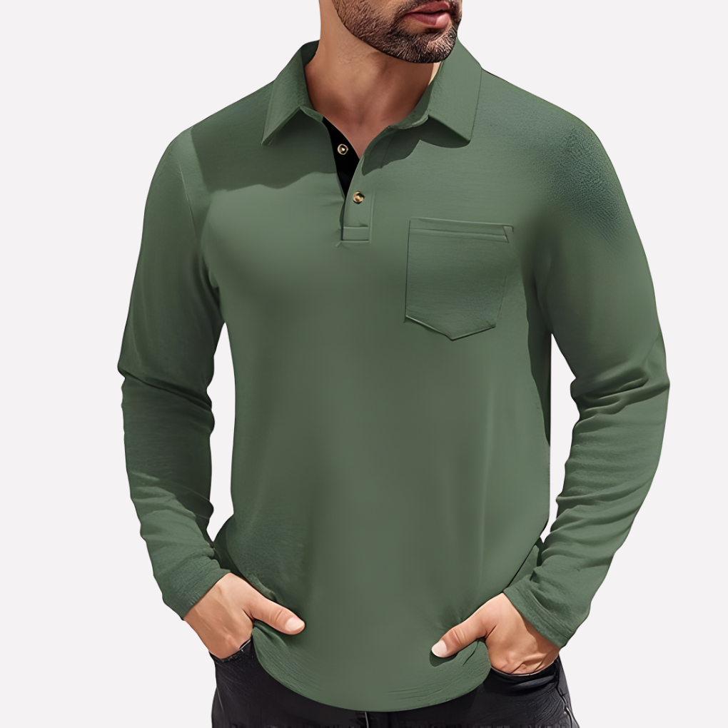 Men's Casual Fit Chest Pocket Long Sleeve Polo