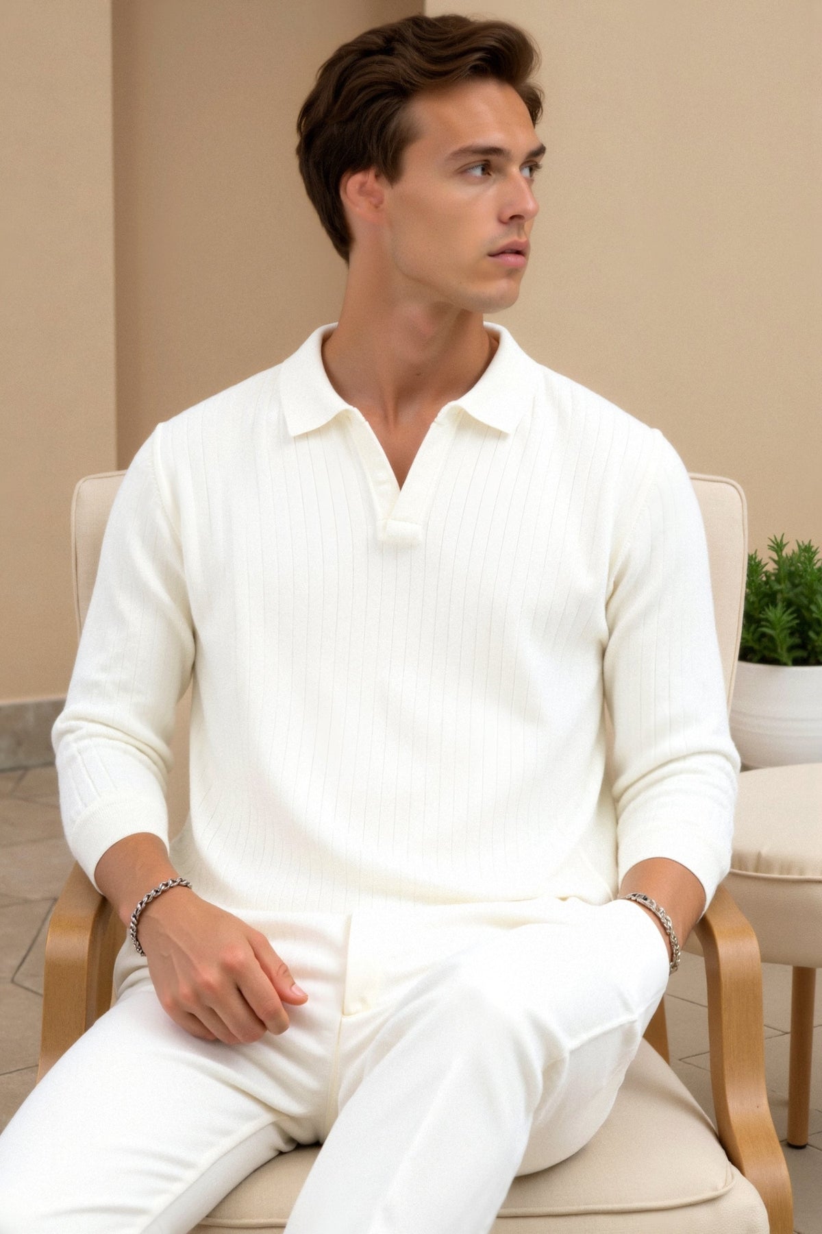 Men's Long Sleeve Ribbed Knitted Polo