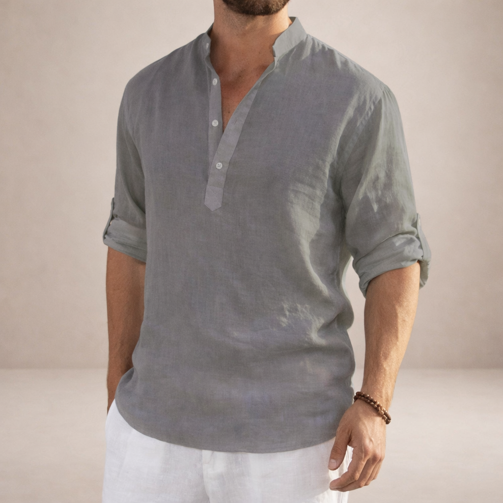 Men's Roll Sleeve Open Placket Linen Shirt
