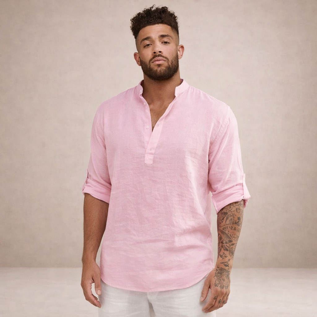 Men's Roll Sleeve Open Placket Linen Shirt