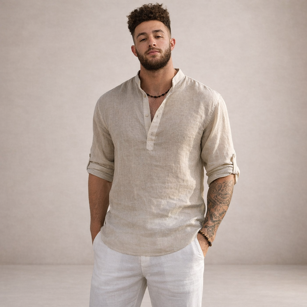 Men's Roll Sleeve Open Placket Linen Shirt