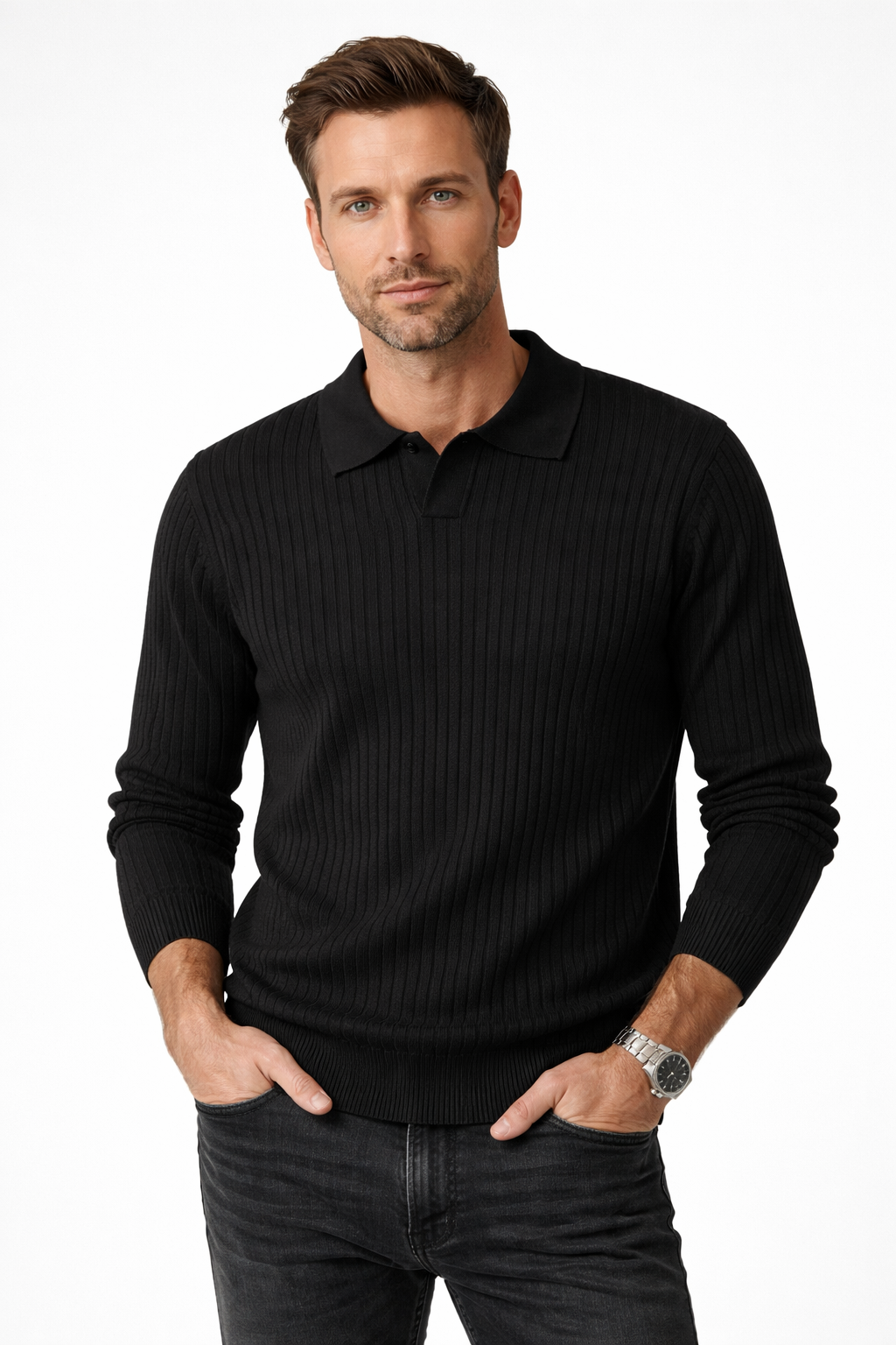 Men's Slim-Fit V-Neck Ribbed Knit Polo Jumper