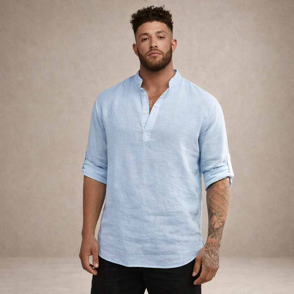 Men's Roll Sleeve Open Placket Linen Shirt