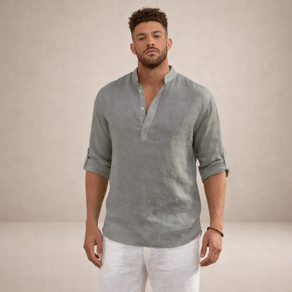 Men's Roll Sleeve Open Placket Linen Shirt