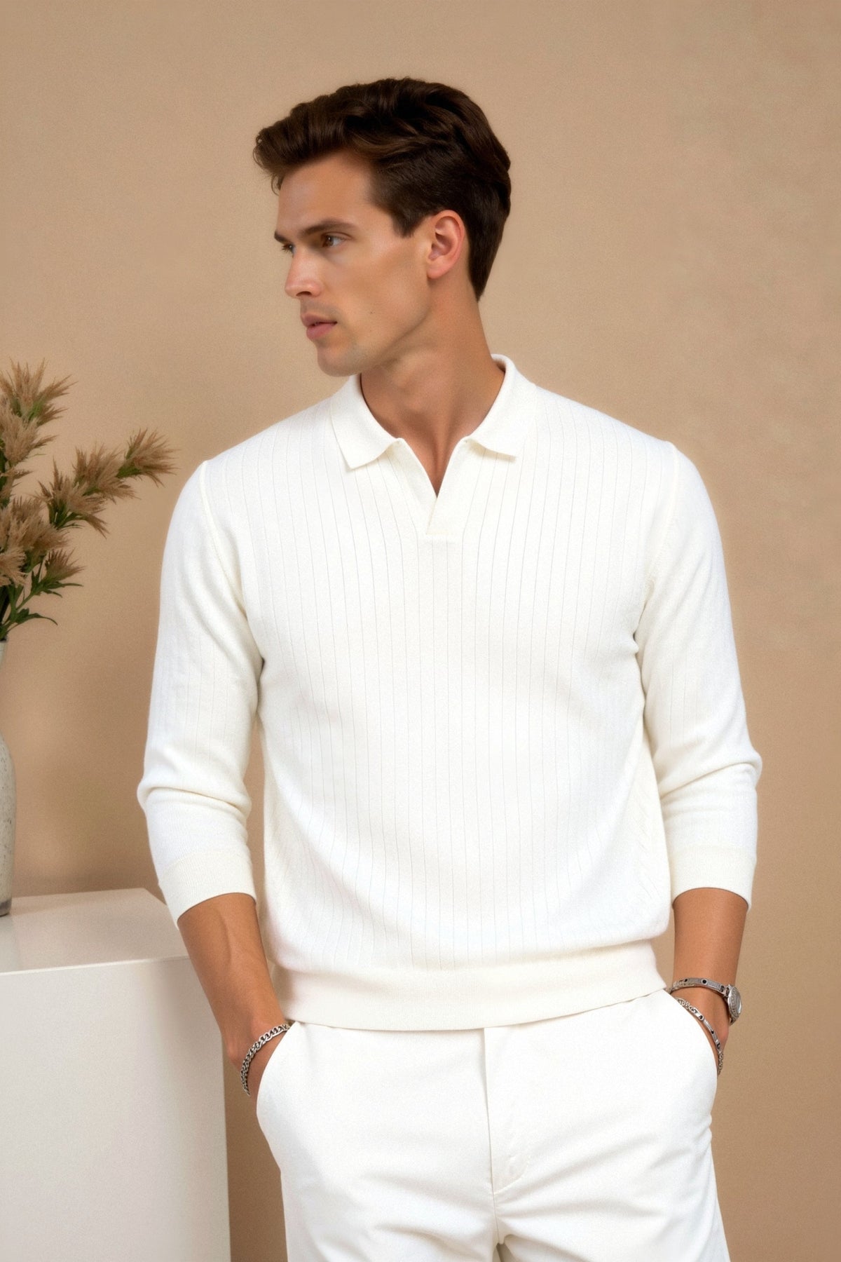 Men's Long Sleeve Ribbed Knitted Polo