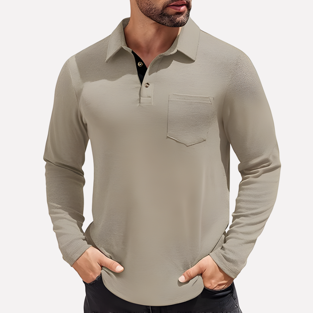 Men's Casual Fit Chest Pocket Long Sleeve Polo