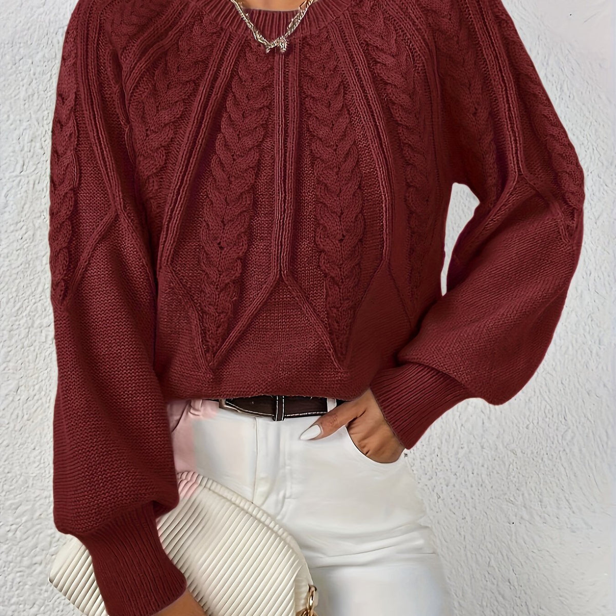 Women's Cable Knit Voluminous-Sleeve Pullover