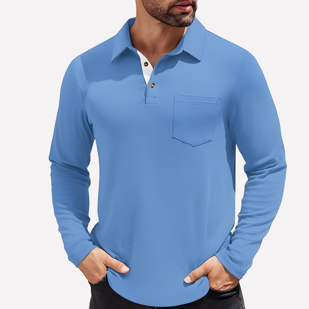 Men's Casual Fit Chest Pocket Long Sleeve Polo