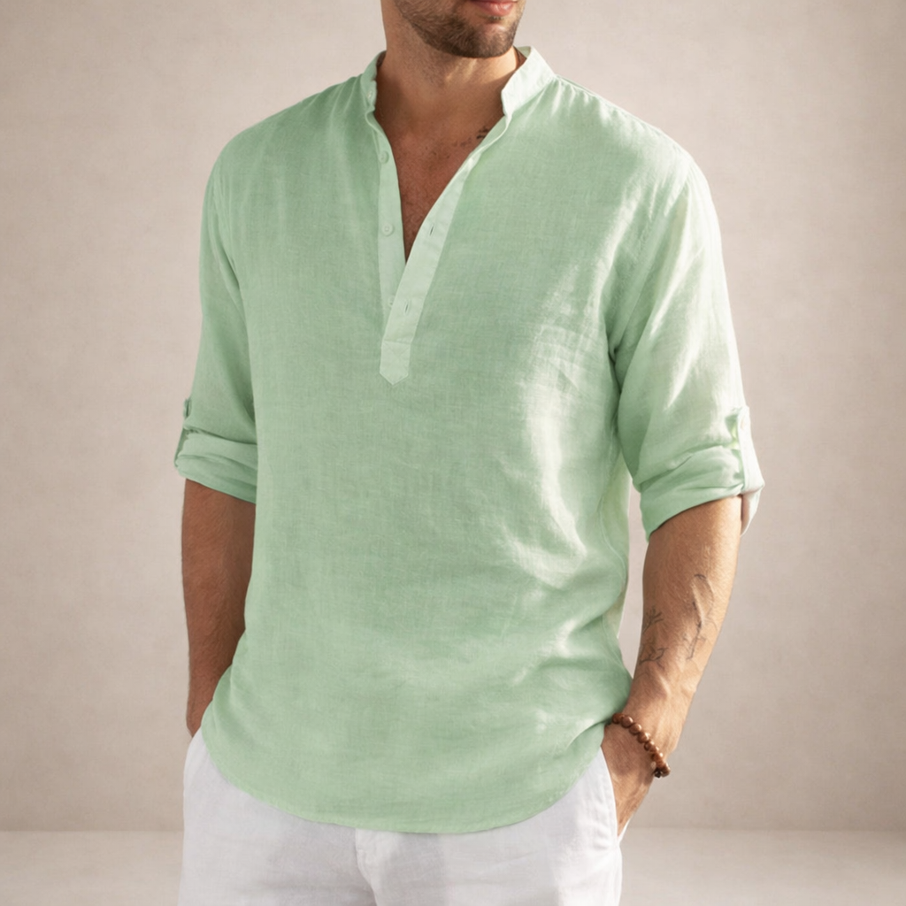 Men's Roll Sleeve Open Placket Linen Shirt