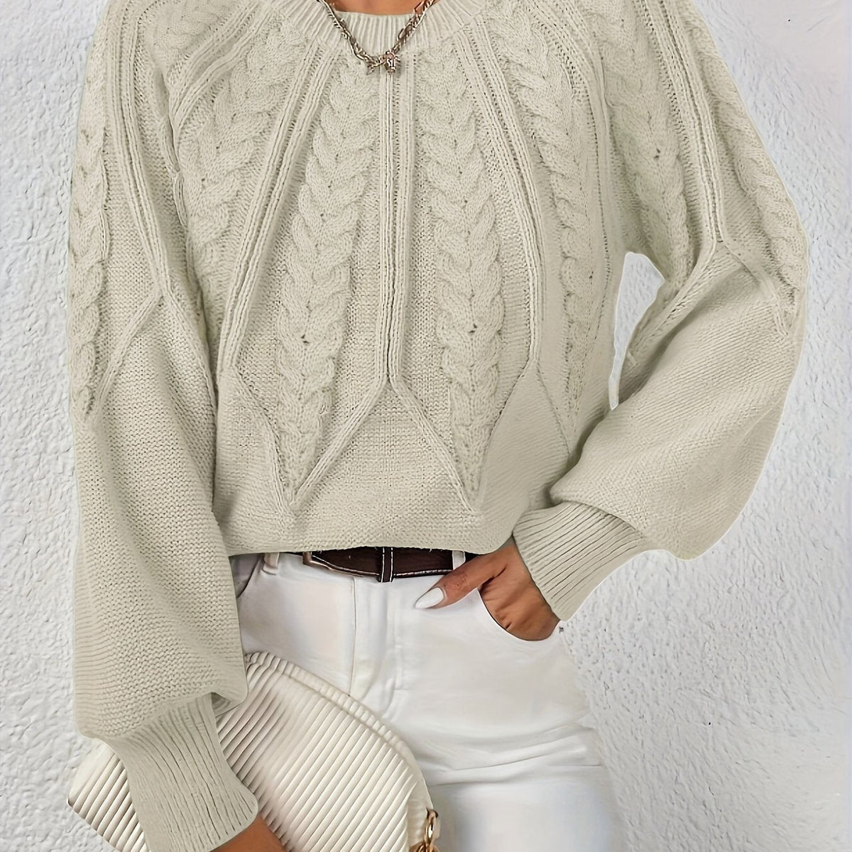 Women's Cable Knit Voluminous-Sleeve Pullover