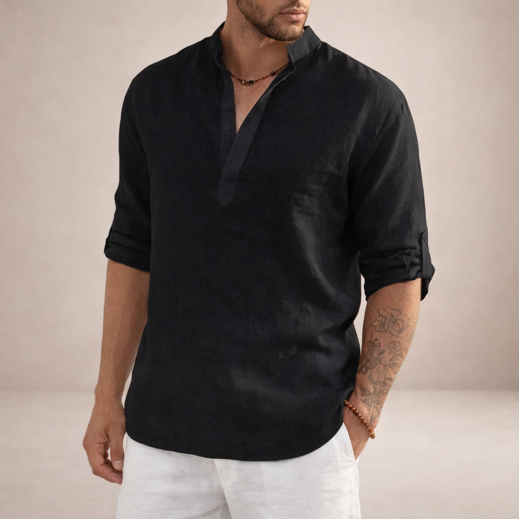 Men's Roll Sleeve Open Placket Linen Shirt