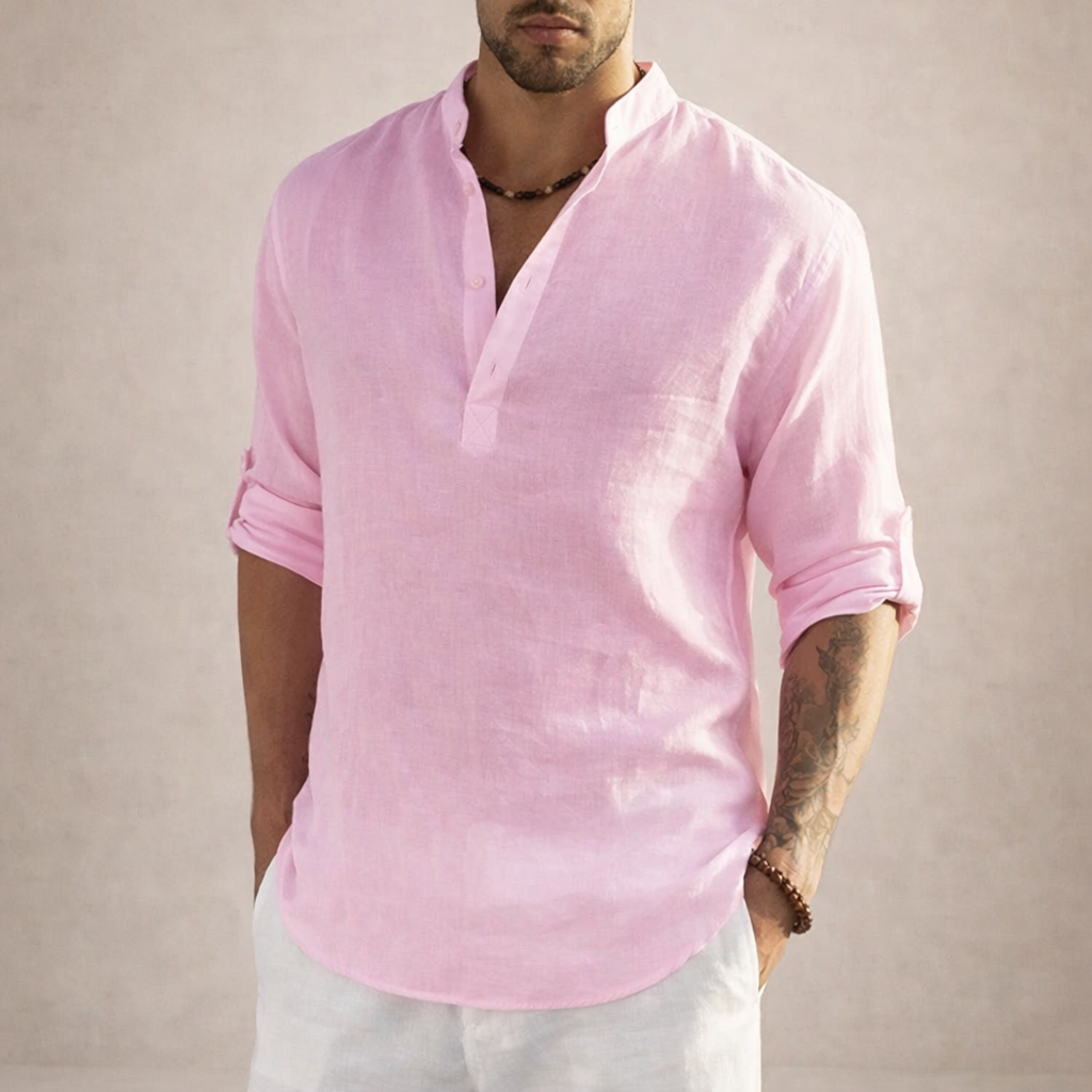 Men's Roll Sleeve Open Placket Linen Shirt