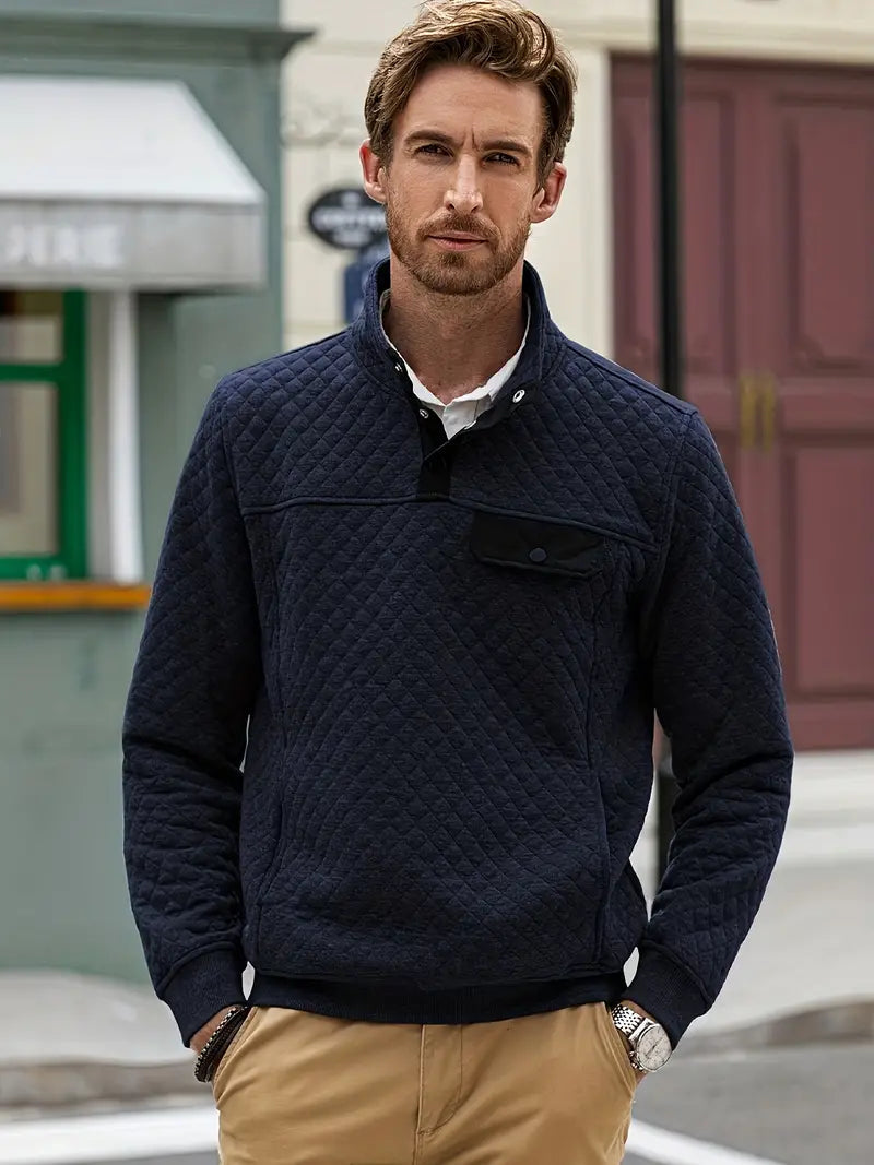 Men's Quilted Button Stand Collar Pullover