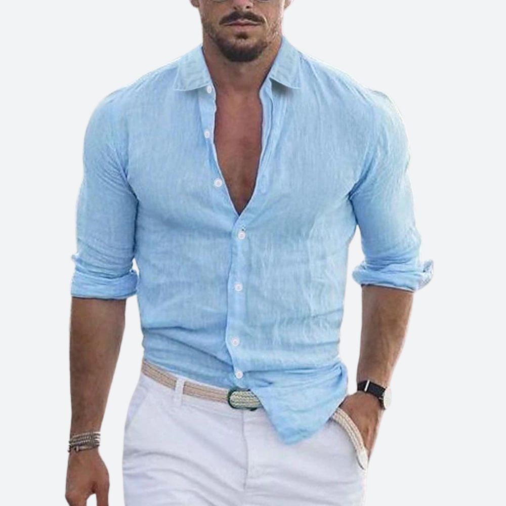 Men's Slim-Fit Open Collar Linen Shirt