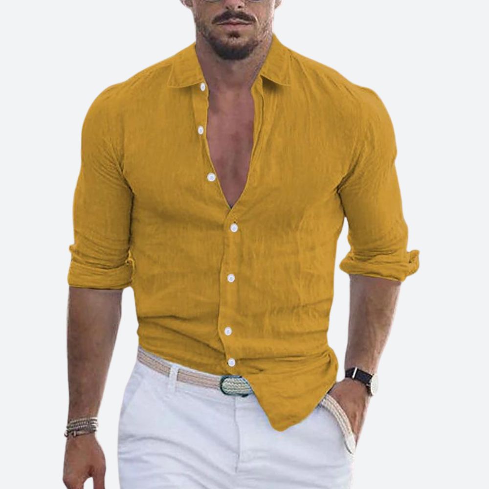 Men's Slim-Fit Open Collar Linen Shirt