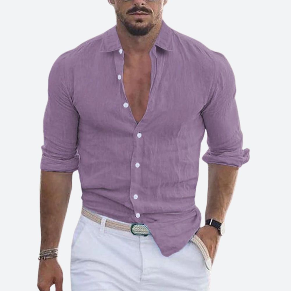 Men's Slim-Fit Open Collar Linen Shirt