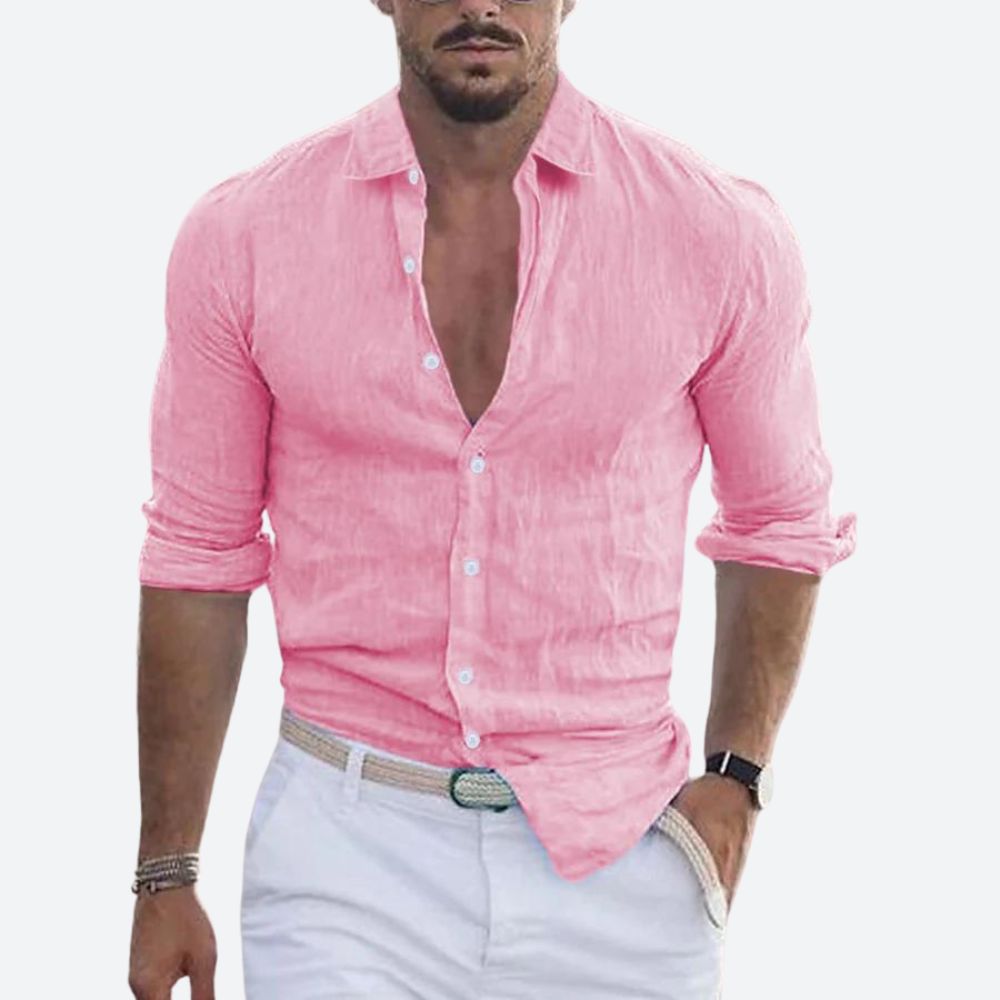 Men's Slim-Fit Open Collar Linen Shirt