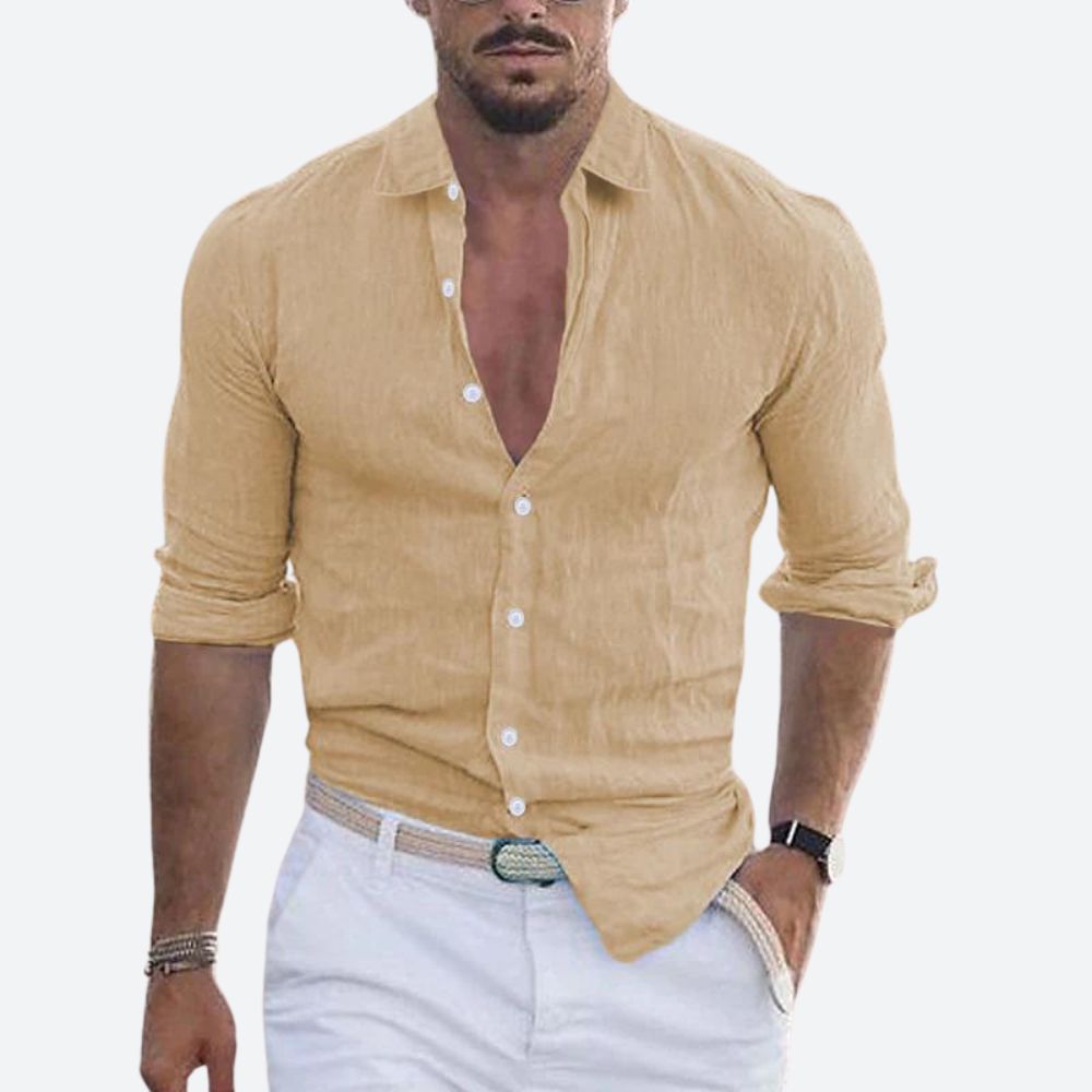 Men's Slim-Fit Open Collar Linen Shirt