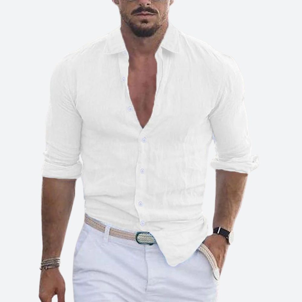 Men's Slim-Fit Open Collar Linen Shirt