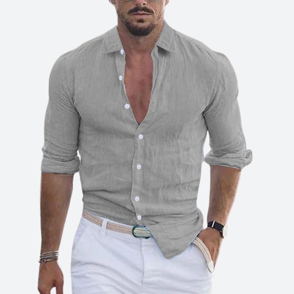 Men's Slim-Fit Open Collar Linen Shirt