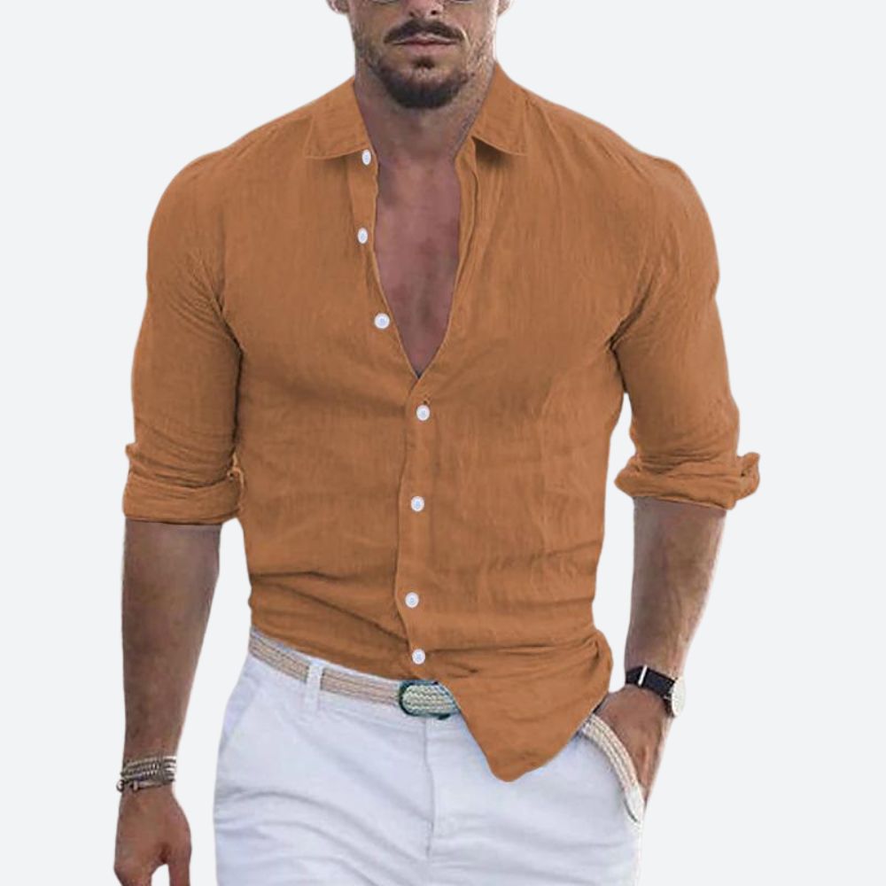 Men's Slim-Fit Open Collar Linen Shirt